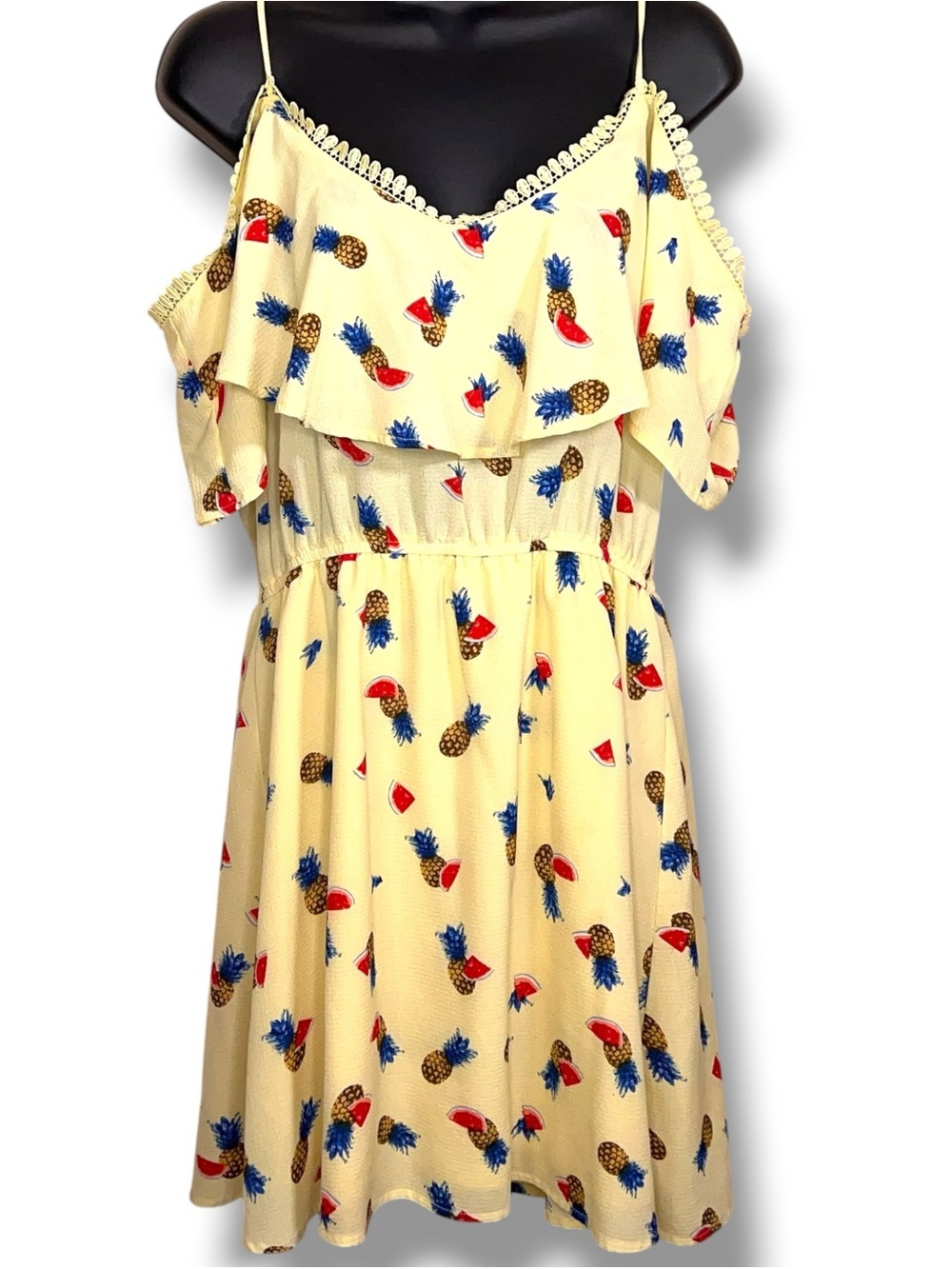 Juniors Large Mine Yellow Dress Pineapple Watermelon Cold Shoulder Lace Trim